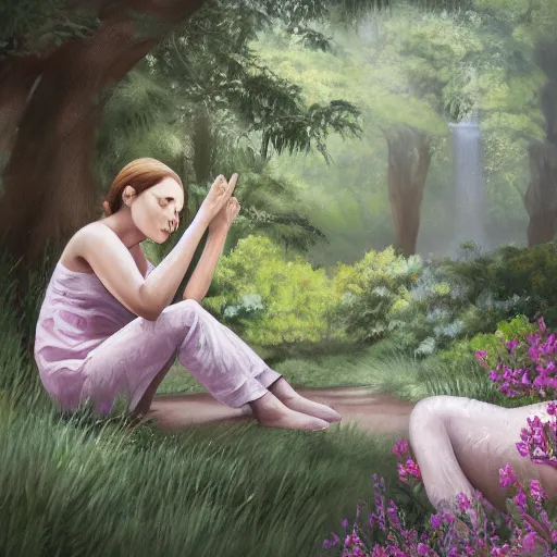 Prompt: pleasant female representations in contemplation, surrounded by nature but lost in their thoughts, polished and fully lit environments elements and characters vibrant, geometric with fibonacci spacing high definition, axonometric, liminal ( diffusion, spaces, and environments ), latent space environment chirality expression. think like a baby. an ultrafine detailed painting. for / in print
