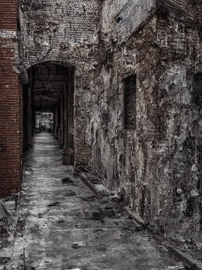 Image similar to texture of a grunge dirty alley, bullet holes, wall brick concrete plaster eroded worn, bullet holes, dark alley, hyper-realistic, ultra-realistic, intricate details, 4k, octane render, unreal 5, digital art