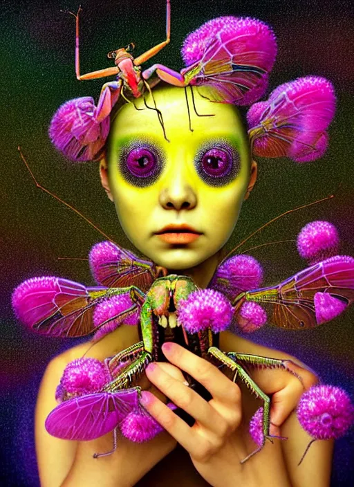 Image similar to hyper detailed 3d render like a Oil painting - kawaii half visceral portrait Aurora (sultry gold haired Singer Praying Mantis Dragonfly) seen Eating of the Strangling network of yellowcake aerochrome and milky Fruit and Her gilded compound eyes delicate Hands hold of gossamer polyp blossoms bring iridescent fungal flowers whose spores black the foolish stars by Jacek Yerka, Mariusz Lewandowski, Houdini algorithmic generative render, Abstract brush strokes, Masterpiece, Edward Hopper and James Gilleard, Zdzislaw Beksinski, Mark Ryden, Wolfgang Lettl, hints of Yayoi Kasuma, octane render, 8k