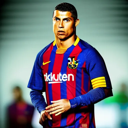 Prompt: fc barcelona, ronaldo nazario fenomeno, head and shoulders shot, portrait, photograph by mark mann