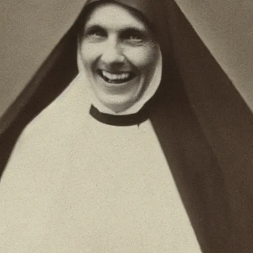 Prompt: found footage photo of a creepy nun smiling in the late 1 8 0 0 s,