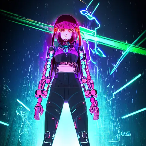 Image similar to full body!!!, colorful reflective eyes, full round face!, digital cyberpunk anime!!, shattered cyborg - girl in the style of arcane!!!, lightning, raining!!, water refractions!!, black long hair!, biomechanical details, neon background lighting, reflections, wlop, ilya kuvshinov, artgerm