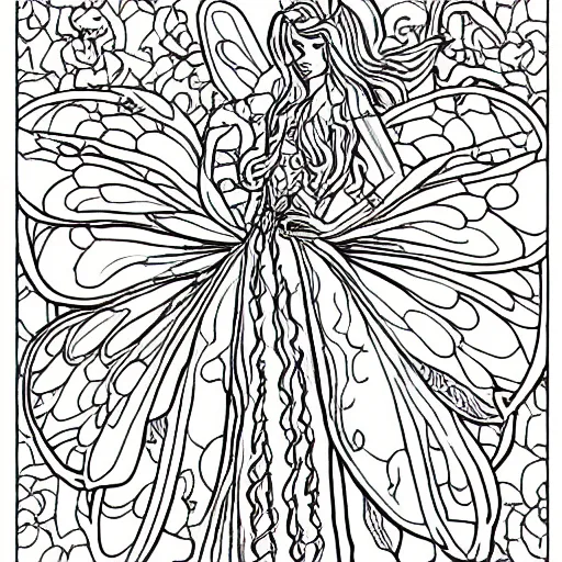 Prompt: an adult coloring page of fairies