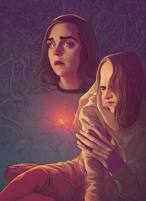 Image similar to poster artwork by Michael Whelan and Tomer Hanuka, Karol Bak of Emma Watson nun, realizing she has feelings for scientist Kiernan Shipka, from scene from Twin Peaks, clean