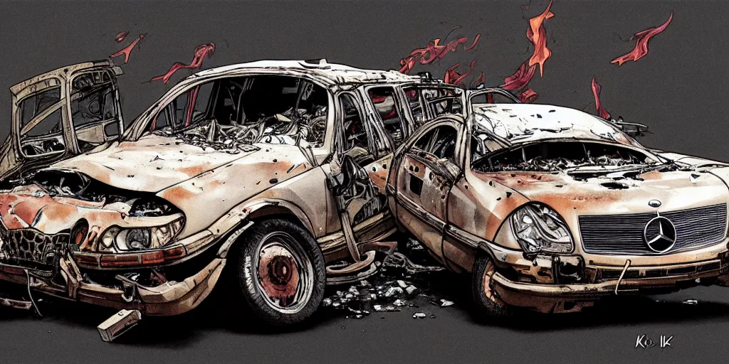 Prompt: a big woman axolotl in burning wrecked mercedes 1 2 4, by kirokaze, ultrafine hyperdetailed illustration by kim jung gi