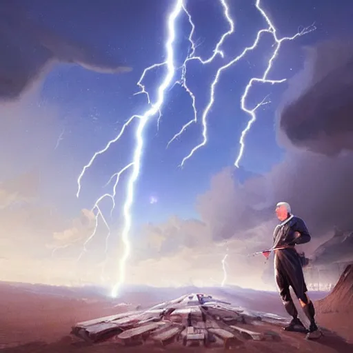 Image similar to benjamin netanyahu shooting lightning bolts with his hands like zeus, highly detailed, by artgerm and greg rutkowski
