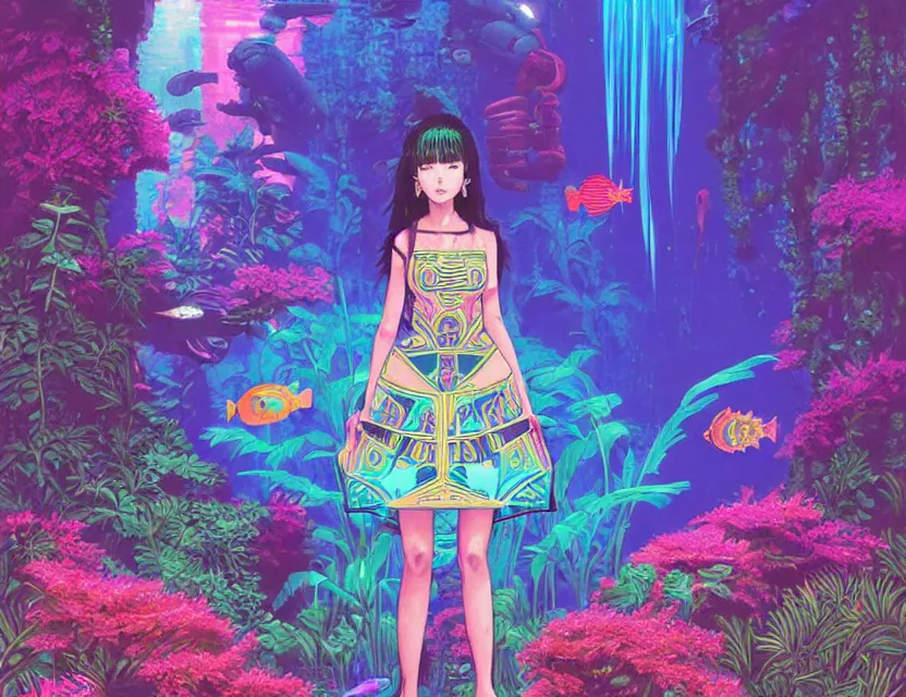 Prompt: aztec scifi princess in a planted aquarium, wearing a lovely dress with vaporwave elements. this oil painting by the award - winning mangaka has an interesting color scheme and impeccable lighting.