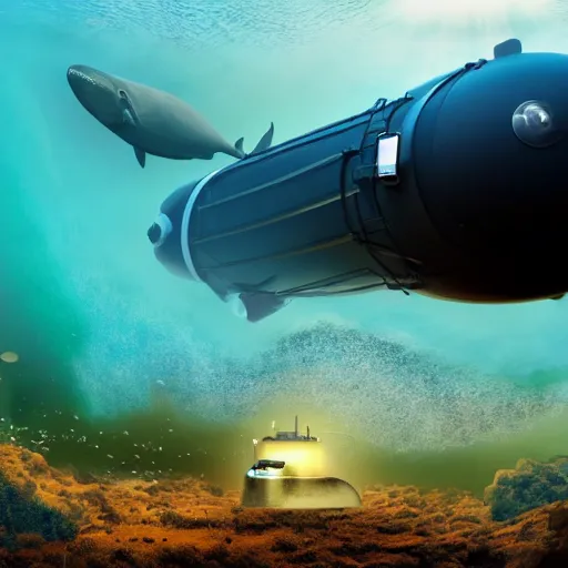 Image similar to photo by national geographic, a small submersible submarine being chased by a gigantic megaladon, 4 d, 4 k, volumetric lighting, photorealistic, light ray, hyperdetailed