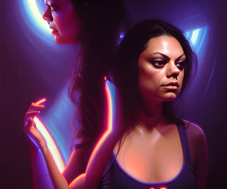 Prompt: mila kunis, in holograms of alien artifacts, electrical case display, total recall tech, dramatic lighting, electrical details, high details, 4 k, 8 k, best, accurate, trending on artstation, artstation, photorealism, ultrarealistic, digital painting, style of peter mohrbacher, caravaggio, boris vallejo