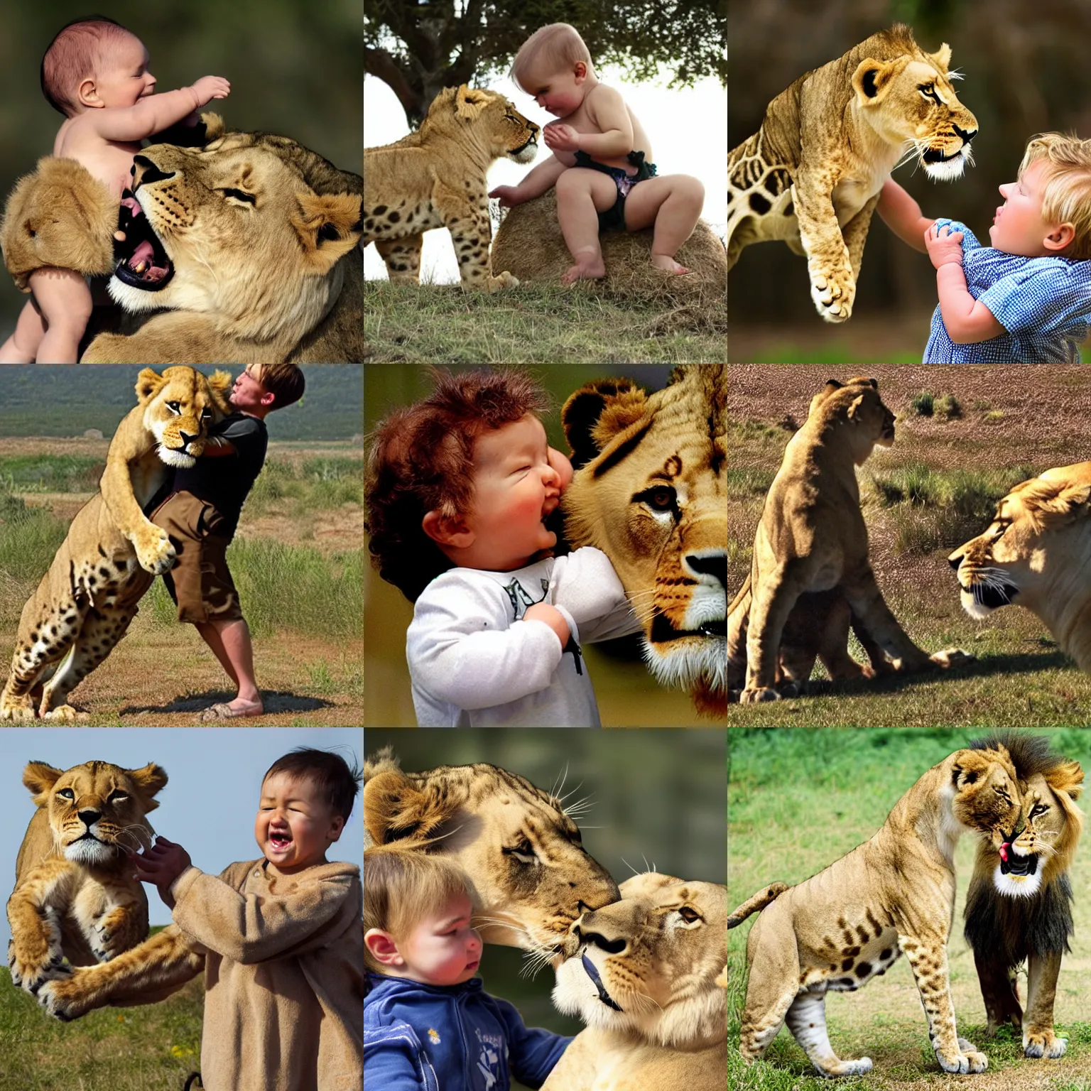 Prompt: baby lifting a lion over its head