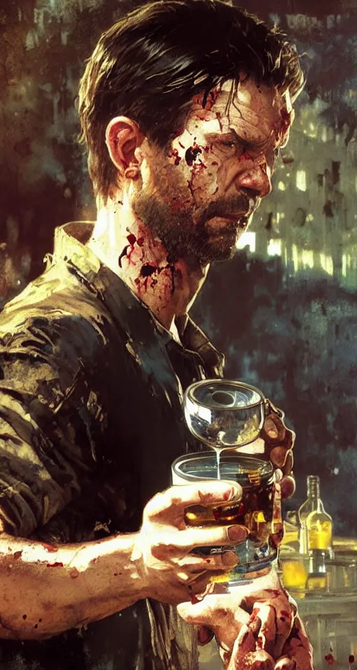 Image similar to close up of bloodied max payne pouring a drink, sun shining, photo realistic illustration by greg rutkowski, thomas kindkade, alphonse mucha, loish, norman rockwell.