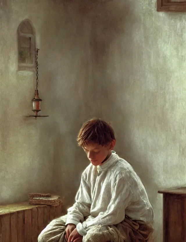 Image similar to peasant boy praying in country house, cottage core, cinematic focus, polaroid photo bleached vintage pastel colors high - key lighting, soft lights, foggy, by steve hanks, by lisa yuskavage, by serov valentin, by tarkovsky, detailed, oil on canvas