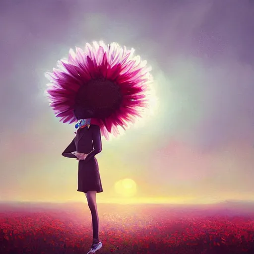 Image similar to giant daisy flower on head, frontal, girl in a suit, surreal photography, sunrise, dramatic light, impressionist painting, digital painting, artstation, simon stalenhag