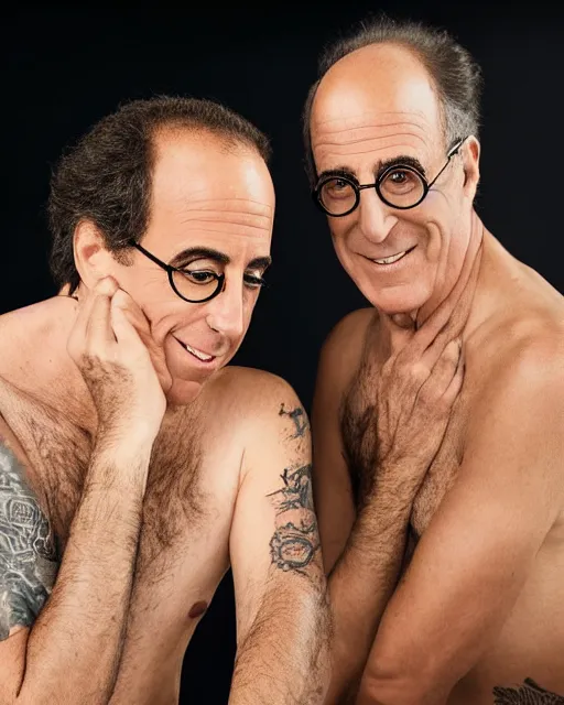 Prompt: 35mm macro photograph Jerry Seinfeld and Larry David, flirting expression, wearing a camisole, vibrant high contrast, octane, arney freytag, Fashion photo shoot,, glamorous, tattoos,shot in the photo studio, backlit, rim lighting, 8k