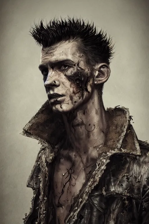 Image similar to a rough ugly young man, shaved head, punk, tattered leather coat, intricate, elegant, dramatic lighting, ugly face, highly detailed, lifelike, photorealistic, digital painting, artstation, illustration, concept art, smooth, sharp focus, art by John Collier and Albert Aublet and Krenz Cushart and Artem Demura and Alphonse Mucha