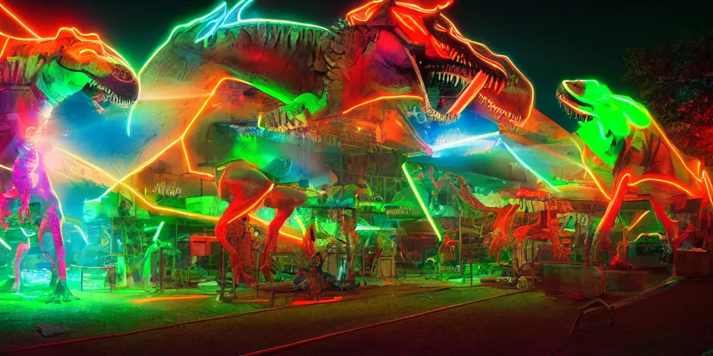 Prompt: neon laser dinosaurs at the county fair by makoto shinkai