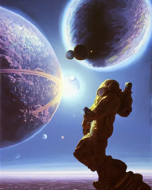 Image similar to a painting of a man standing in front of a planet, a detailed matte painting by david schleinkofer and by philippe bouchet and by syd mead, featured on deviantart, space art, sci - fi, dystopian art, matte painting