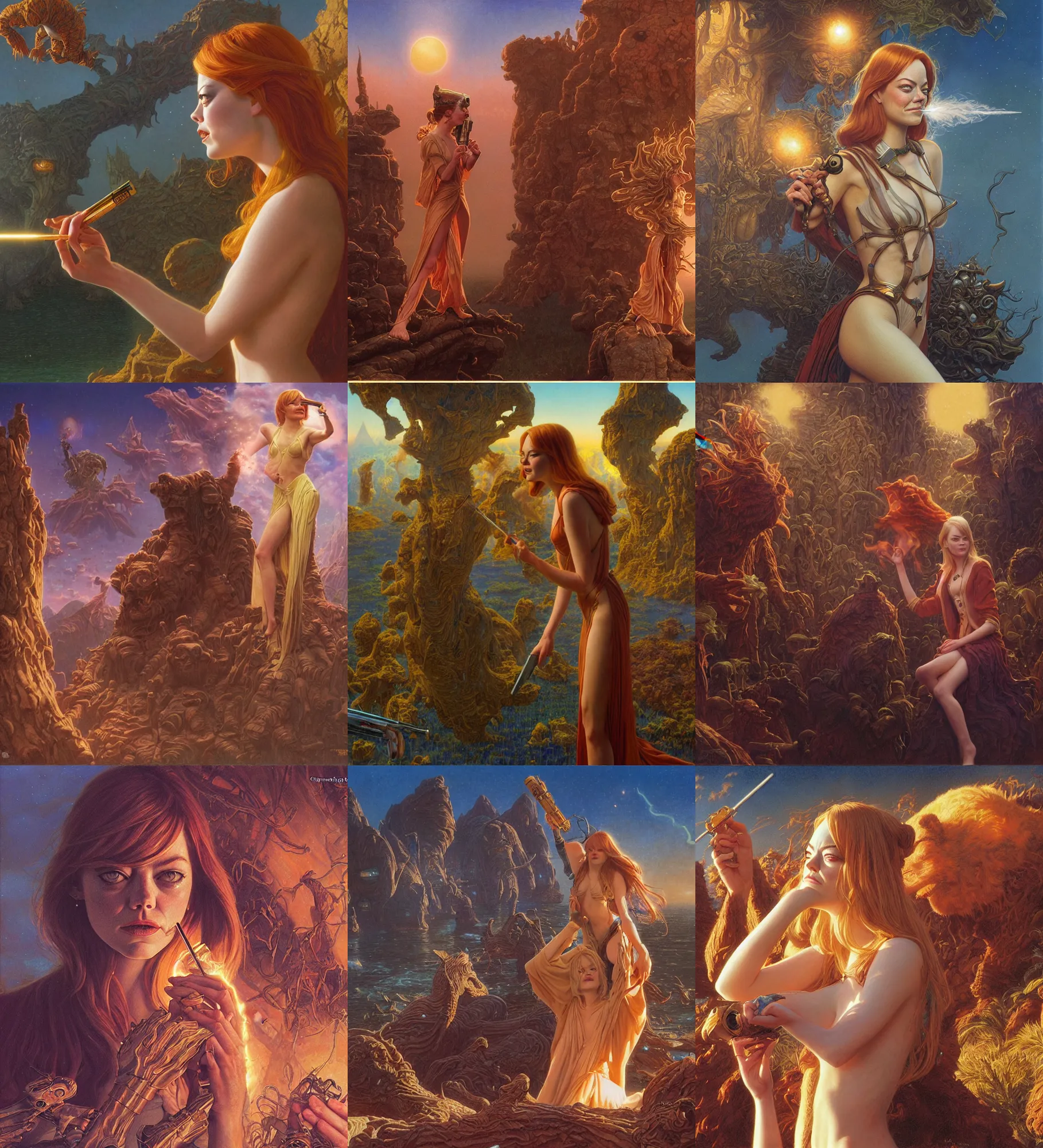 Prompt: emma stone smoking the chronic, epic composition, 2 0 0 mm focal length, donato giancola, tim hildebrandt, wayne barlow, bruce pennington, larry elmore