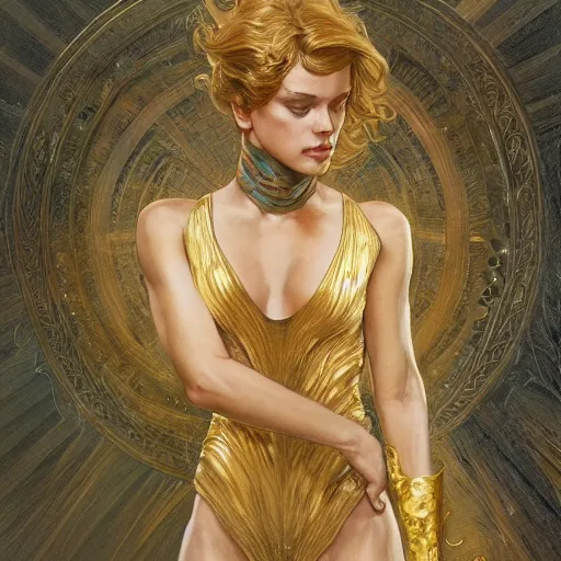 Image similar to Sandman with a gold suit, portrait, intricate, elegant, highly detailed, digital painting, artstation, concept art, smooth, sharp focus, illustration, art by artgerm and greg rutkowski and alphonse mucha