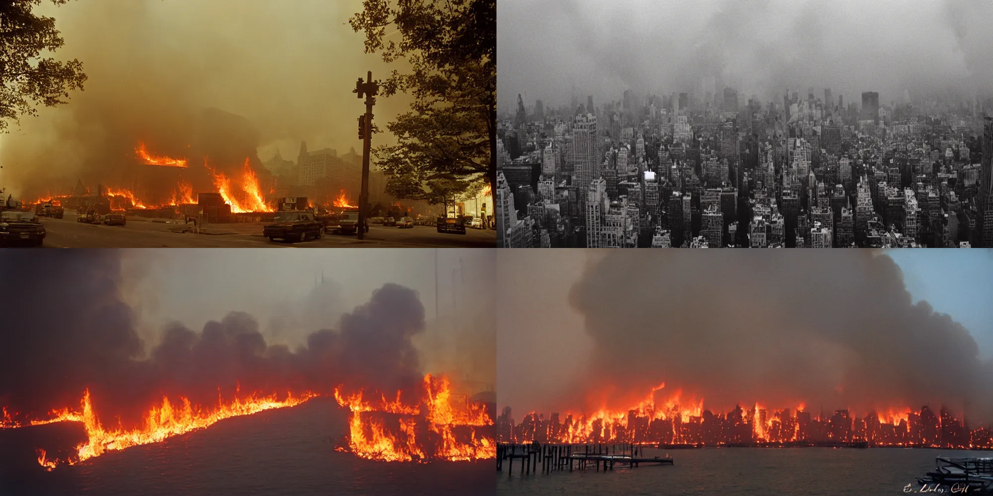 Prompt: the end of New York City, fires burning everywhere, 35mm color photograph