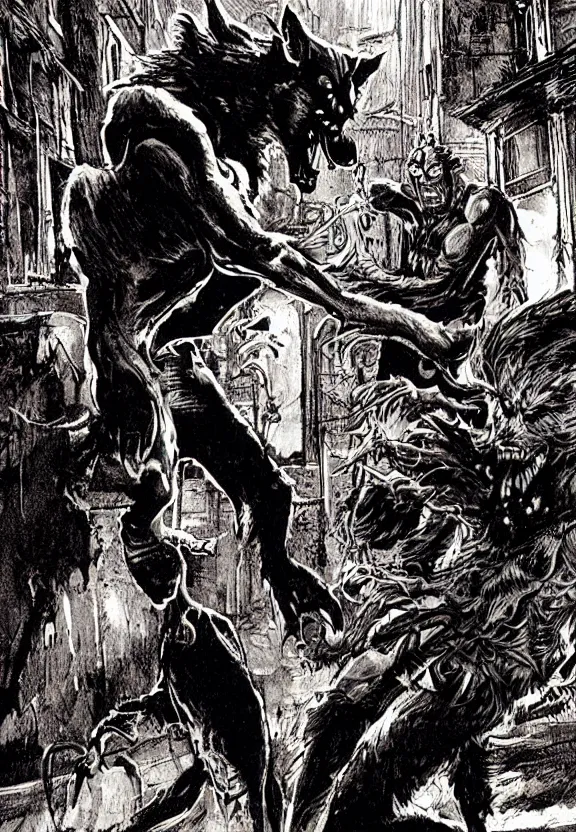 Image similar to a werewolf fighting a vampire in a dark brisbane alley, hd concept art by ron spencer and michael william kaluta and moebius and dave rapoza and richard borden.
