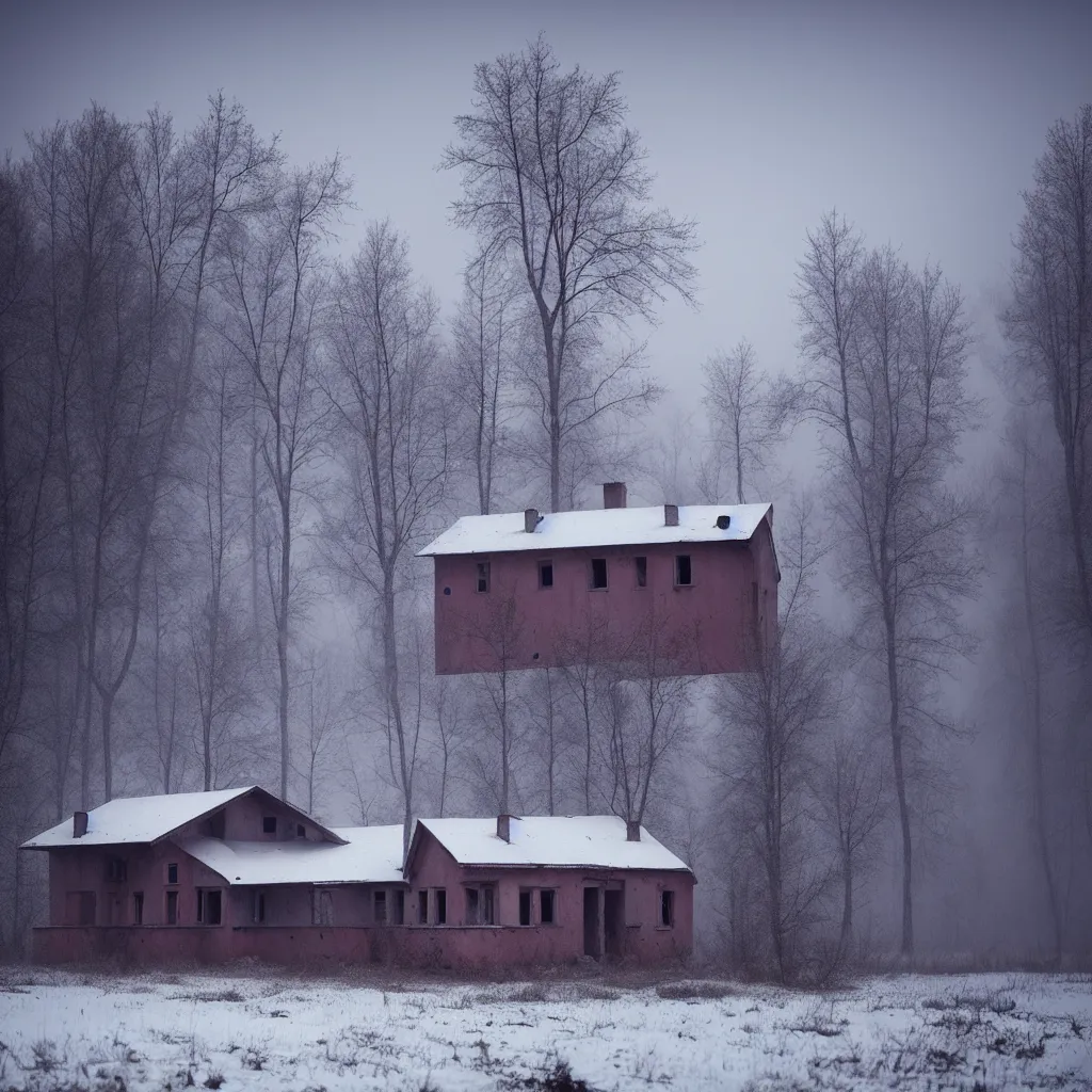 Image similar to landscape with brutalistic soviet architecture style abandoned lifeless house, near foggy forest, dark winter evening, snowing, strong, blizzard, atmospheric, mystical, very detailed 4 k, professional photography