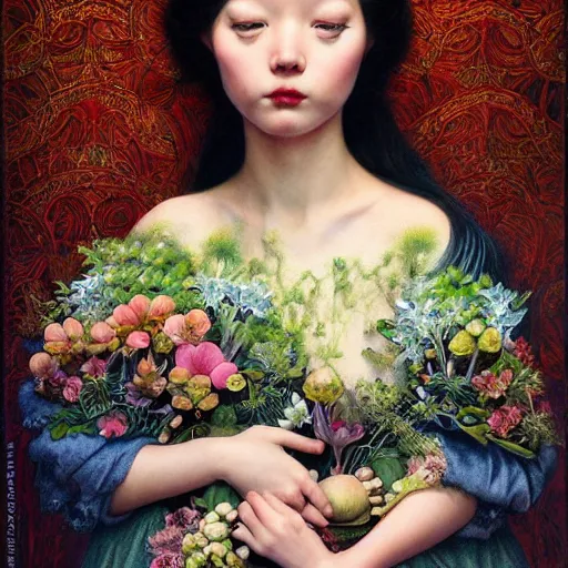 Image similar to princess girl, botanical, portrait face, colorful, kupka, long dress intricate, miles johnston, kuroda seiki, cynical realism, ozabu, john william godward, painterly, yoshitaka amano, moebius, miles johnston, louise zhang, james jean, mark ryden lowbrow pop surrealism art style