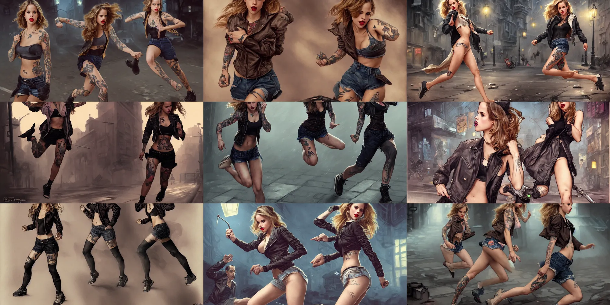 Prompt: tattooed pinup girl halston sage wearing a jacket and ripped shorts running and fighting in a dark street, character sheet, character design,, contrast, deep focus, turnaround, highly detailed, dramatic lighting, digital painting, artstation, concept art, matte, sharp focus, illustration, elegant, art by artgerm and greg rutkowski and alphonse mucha.