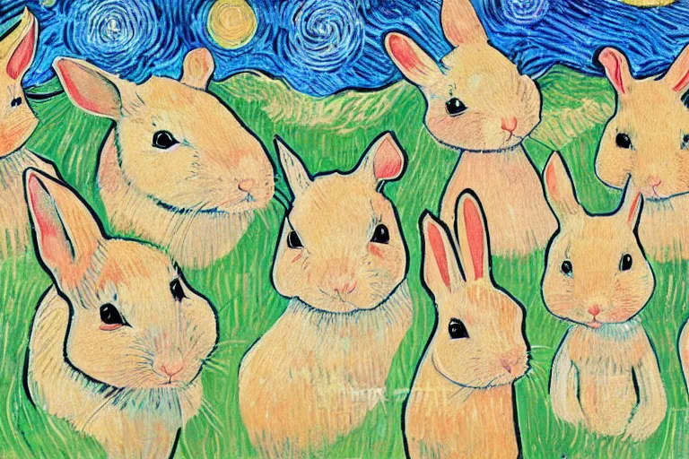 Prompt: beautiful art illustration of a group of rabbits by laurel burch and van gogh, highly detailed