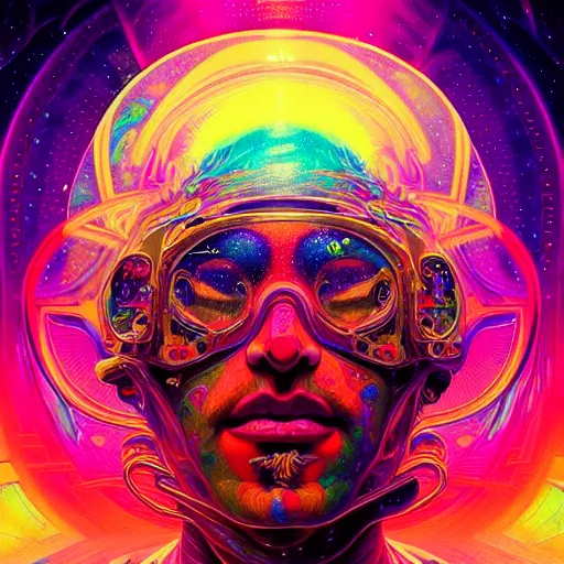 Image similar to An extremely psychedelic experience, colorful, surreal, dramatic lighting, cosmonaut, LSD, face, detailed, intricate, elegant, highly detailed, digital painting, artstation, concept art, smooth, sharp focus, illustration, art by Sam spratt, dan mumford, Artem Demura and alphonse mucha