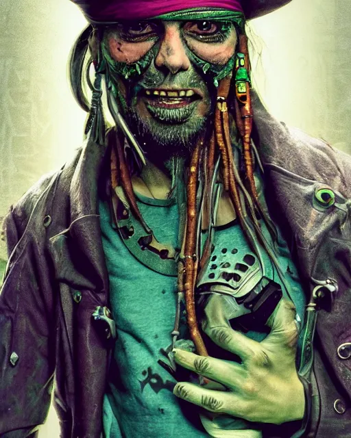 Image similar to an intimate portrait of a gnarly human cyberpunk pirate, old skin, faded hat, crooked teeth, green eyes, a look of menace, detailed matte fantasy painting