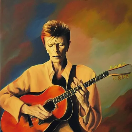 Prompt: david bowie playing guitar as an oil painting