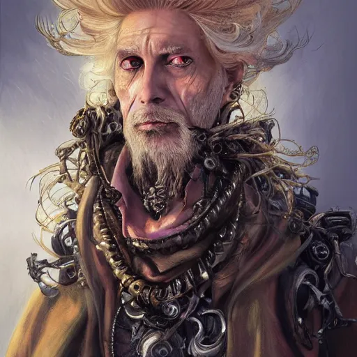 Prompt: portrait, headshot, insanely nice professional hair style, dramatic hair color, digital painting, of a old 17th century, old cyborg merchant, Roman Senator, amber jewels, baroque, ornate clothing, scifi, realistic, hyperdetailed, chiaroscuro, concept art, art by Franz Hals and Jon Foster and Ayami Kojima and Amano and Karol Bak,