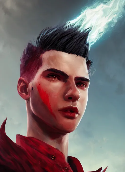 Prompt: An epic fantasy comic book style portrait painting of a young man with black and red cowlick undercut haircut, wearing a red shirt, black overcoat, blue jeans. Unreal 5, DAZ, hyperrealistic, octane render, cosplay, RPG portrait, dynamic lighting