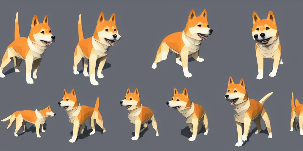 Prompt: concept art of low polygon 3 d render of shiba inu, doge meme, multiple variations, dynamic gestures