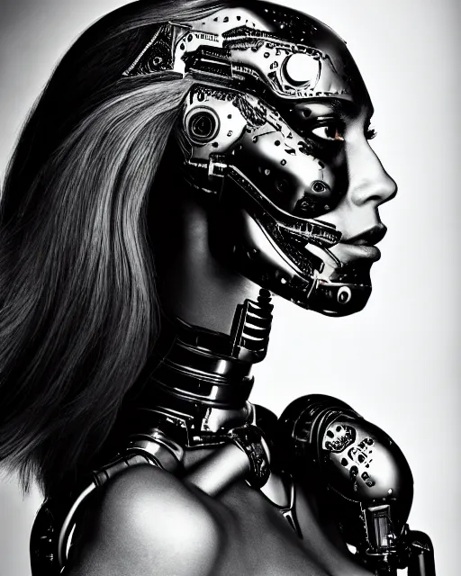 Image similar to a profile portrait, a stunning young woman - cyborg with a mutant crow head, editorial photography, bw, shot on 7 0 mm, depth of field, f / 2. 8, high contrast, 1 6 k, volumetric lighting, shiny, insanely detailed and intricate, hypermaximalist, elegant, ornate, hyper realistic, super detailed