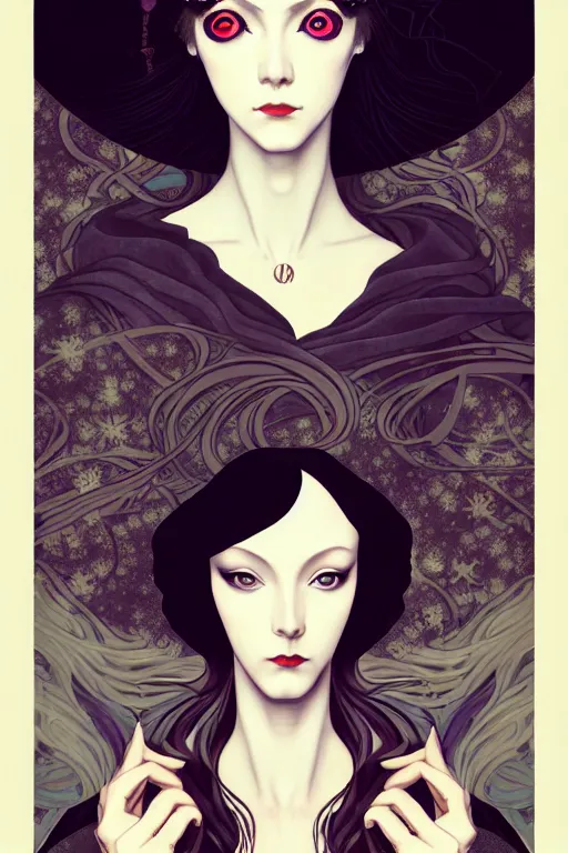 Image similar to a triad of winter muses, style blending æon flux, shepard fairey, botticelli, ivan bilibin, and john singer sargent, inspired by pre - raphaelites, shoujo manga, and harajuku fashion, stark landscape, muted dark colors, superfine inklines, ethereal, otherworldly, 4 k photorealistic, arnold render