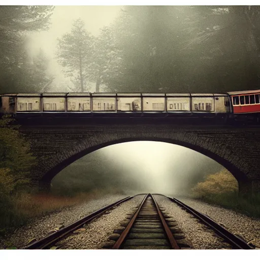 Prompt: an old train under the bridge by Aron Wiesenfeld and beksincki, cinematic, detailed illustration, nature, fog, dark colors, suspense, intricate, 8k