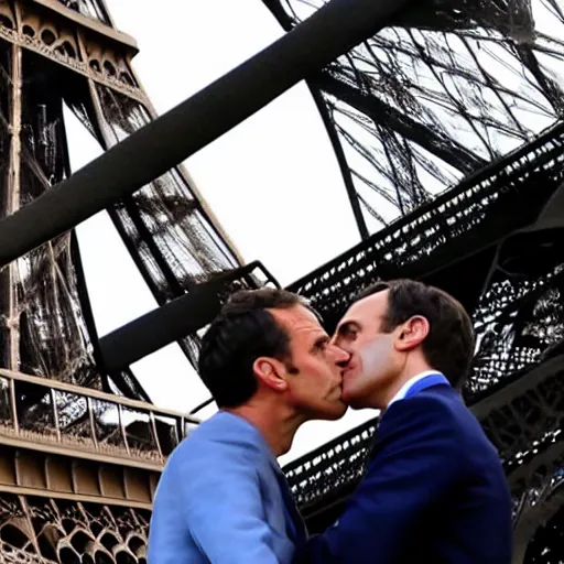 Image similar to gerald darmanin and Emmanuel macron kissing under the eiffel tower