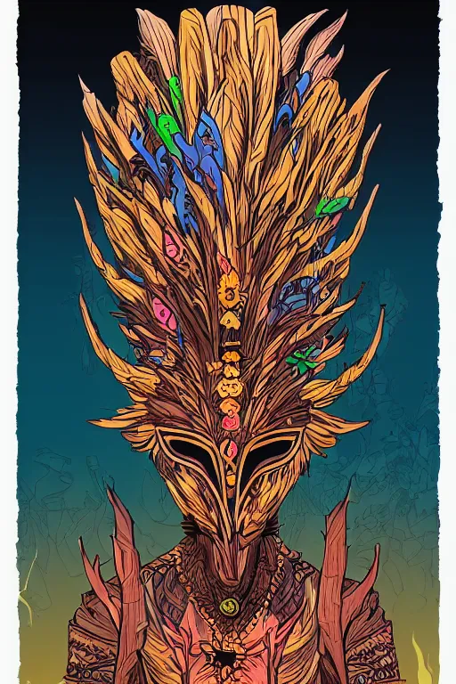 Image similar to animal mask totem roots flower tribal feather gemstone plant wood rock shaman vodoo video game vector cutout illustration vivid multicolor borderlands comics by josan gonzales and dan mumford radiating a glowing aura