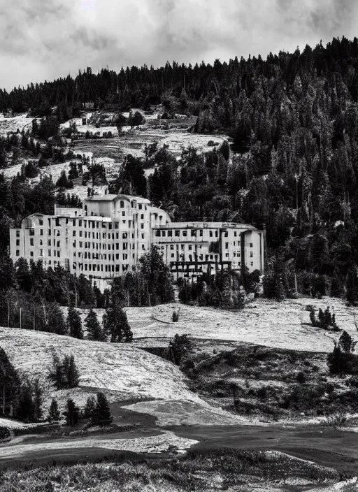 Image similar to old lost footage in black and white of a sanatorium on a beautiful mountain,hyper realistic 8K HD real life photo