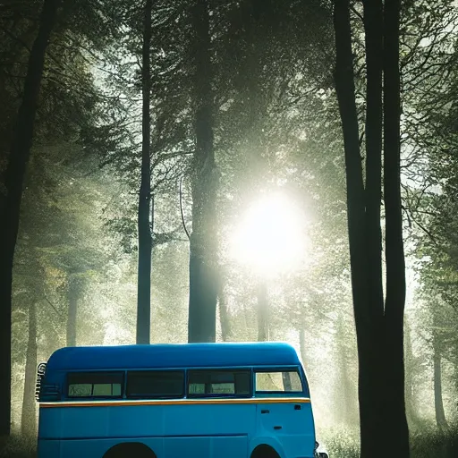 Image similar to blue bus in misty forest scene, the sun shining through the trees