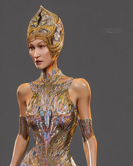 Image similar to a highly detailed metahuman 8 k close up render of bella hadid renaissance in iris van herpen dress schiaparelli in diamonds crystals swarovski and jewelry iridescent in style of alphonse mucha gustav klimt trending on artstation made in unreal engine 4