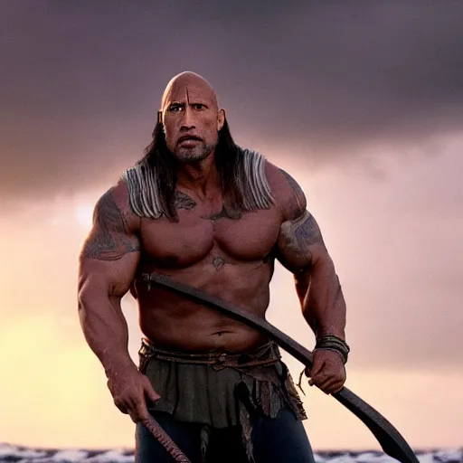 Image similar to Dwayne Johnson as viking , film still