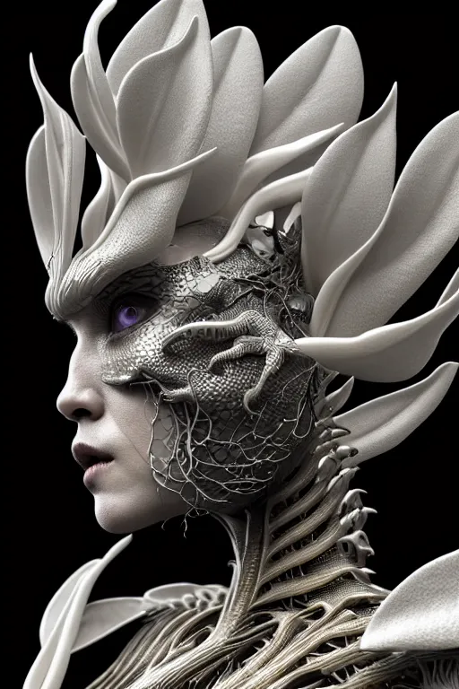 Image similar to bw close - up profile face, black background, beautiful young porcelain vegetal - dragon - cyborg - female, 1 5 0 mm, beautiful natural soft rim light, silver gold details, magnolia leaves and stems, roots, mandelbot fractal, elegant, ultra detailed, white metallic armour, octane render, h. r. giger style