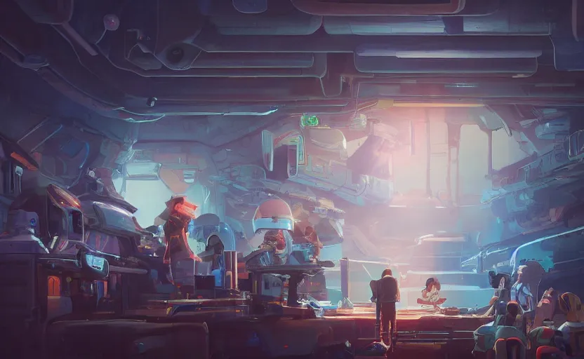 Image similar to a bounty hunter bar in a space opera studio ghibli animated film, global illumination, beautiful composition, volumetric lighting, octane render by artgerm, loish, alena aenami, highly detailed