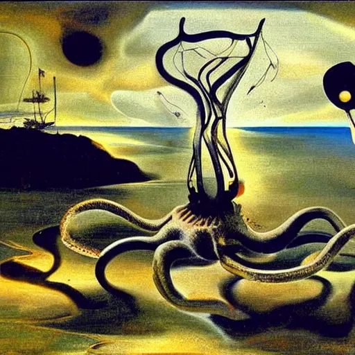 Image similar to a cybernetic Callistoctopus macropus giving a lecture in a shallow area of the Mediterranean Sea, midnight in Cap de Creus, oil painting by Salvador Dali