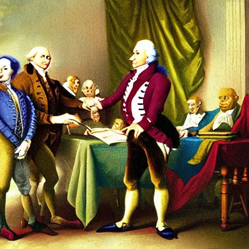 Image similar to shrek at the signing of the declaration of independence oil painting