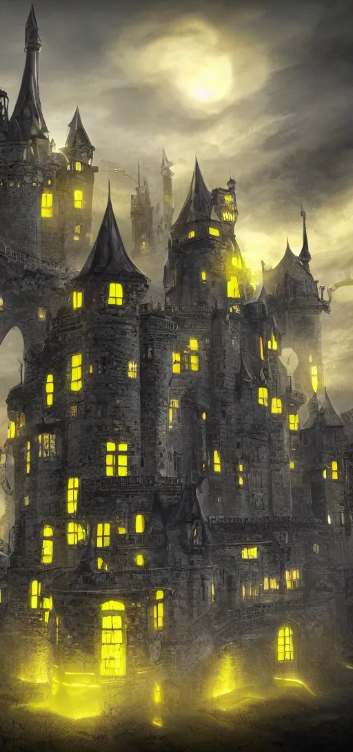 Image similar to A digital concept art painting of a black and yellow renacentis fantasy european ghotic castle with black brick in a city renacentis, 4K UHD image, unreal engine, Graphic Novel, Visual Novel