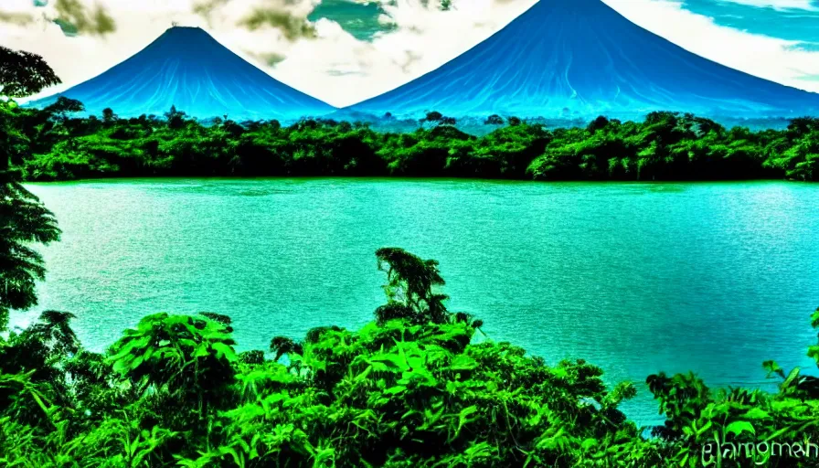 Prompt: a beautiful green scene, guatemalan lake full of bright blue water, volcano in background, high definition, beautiful award winning photography, 8 k.